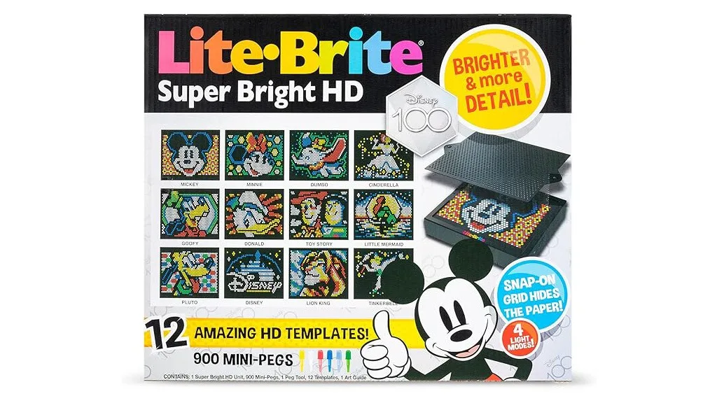 La edición Lite-Brite Super Bright HD Disney100 brilla mágicamente, sin polvo de hada.