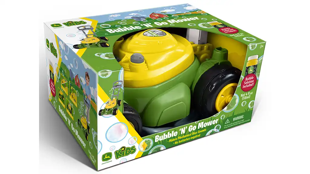 Demostración de juguetes: Sunny Day Entertainment John Deere Bubble-N-Go cortacésped