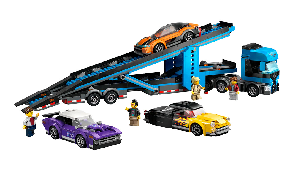 Presentación de juguetes: LEGO Camión Transportador de Autos de Ciudad con Autos Deportivos