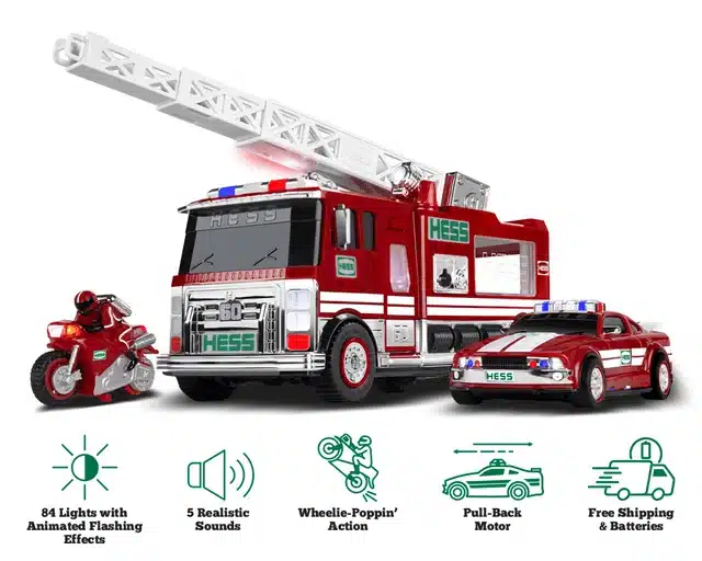 El camión de juguete Hess celebra su 60 aniversario con un camión de bomberos, un coche y un set de motocicleta