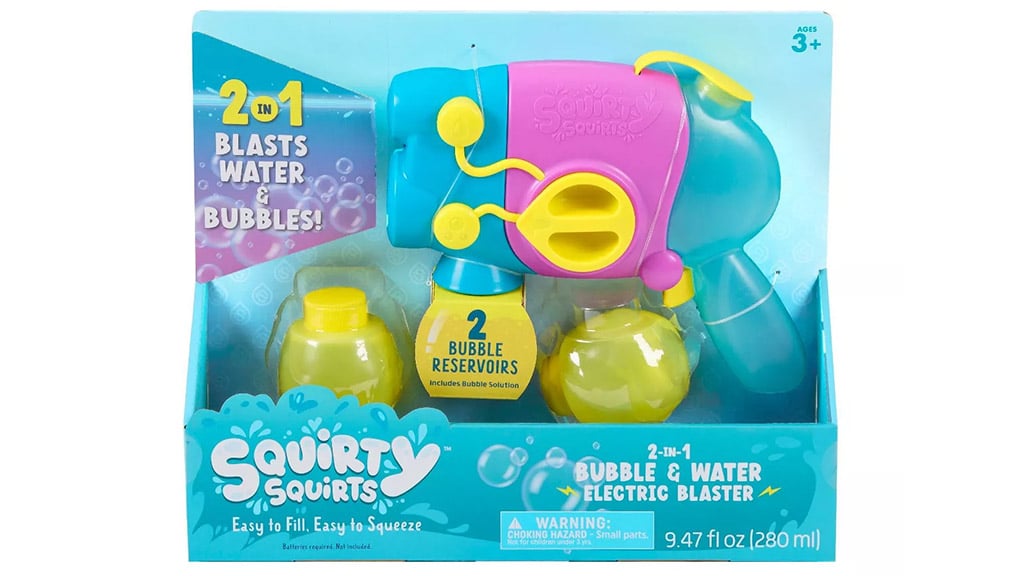 Buffalo Games Chuckle & Roar Squirty Squirts 2 en 1 pistola de burbujas y pistola de agua eléctrica