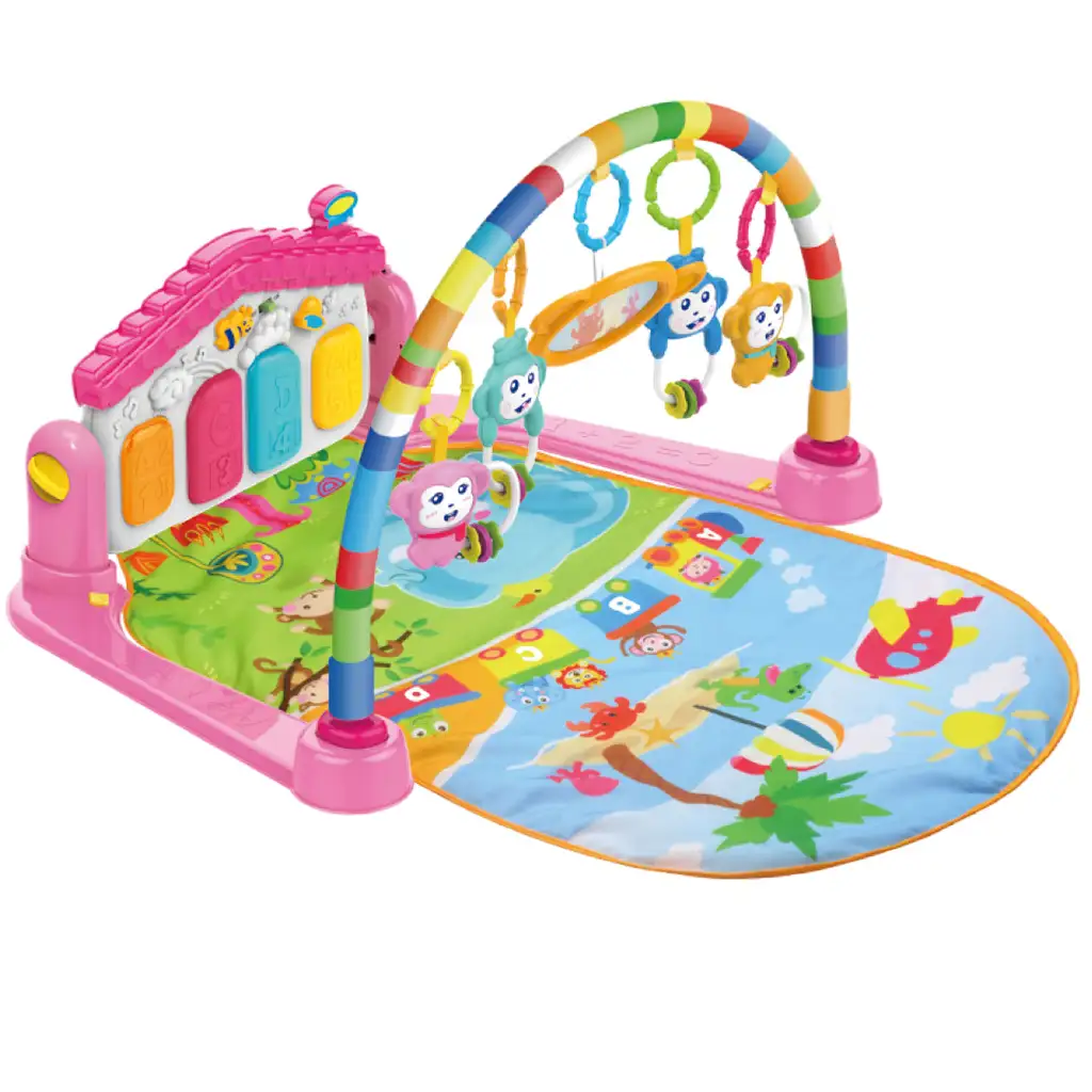 imagen de Alfombra de juego de animales alegres rosa con piano para bebés 64x78cm 2
