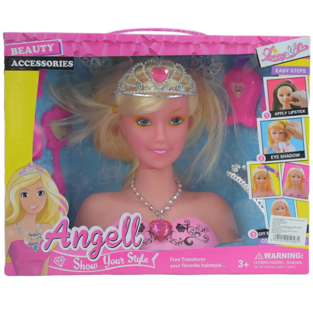 imagen de Angell: Cabeza de muñeca peinable y cepillable con tiara y accesorios de 21 cm 5