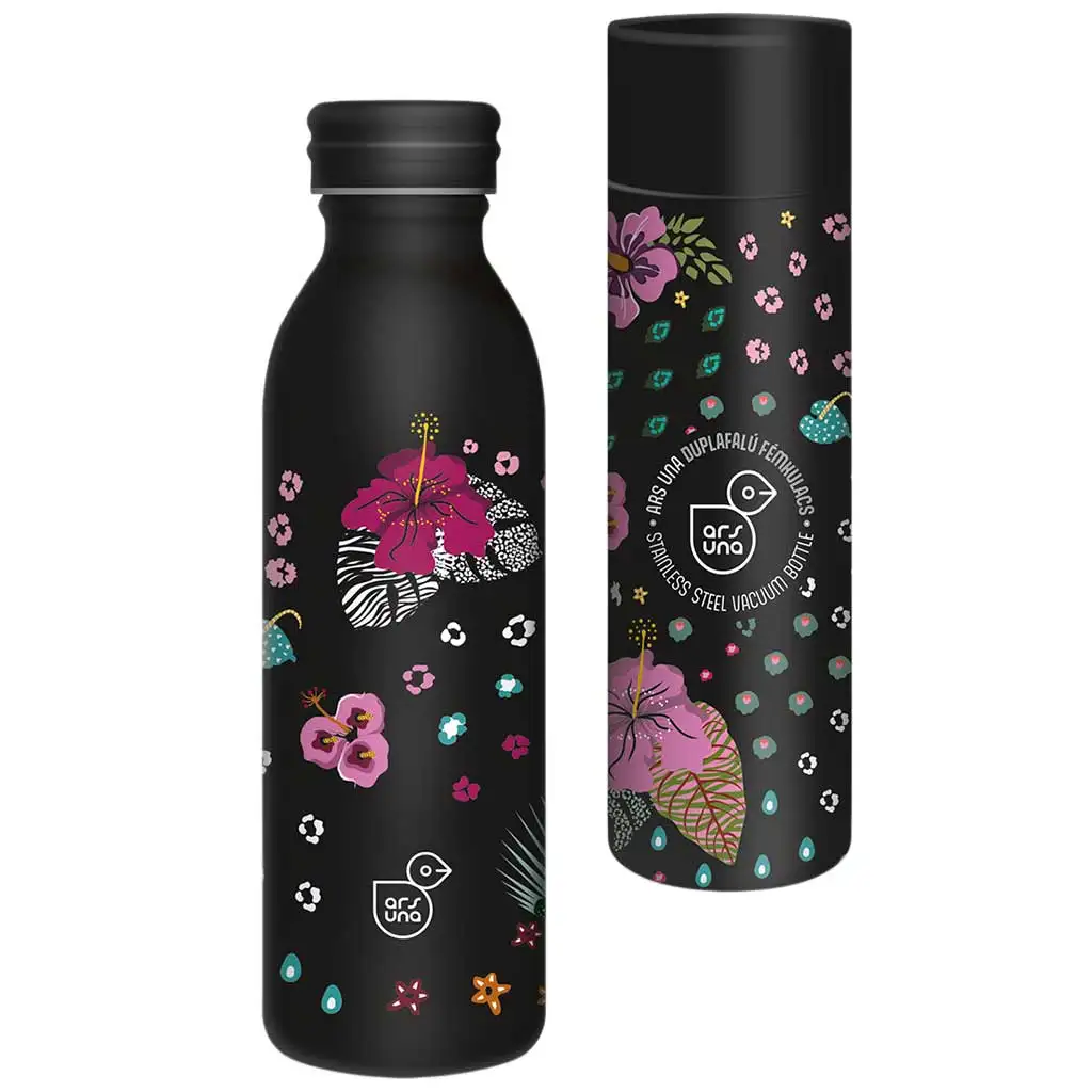 imagen de Ars Una: Botella de metal de doble pared Black Hibiscus en caja de regalo 600ml 1