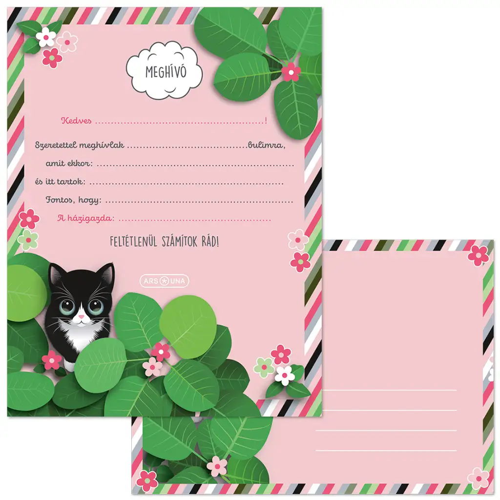 imagen de Ars Una Think Pink invitación de fiesta con gato con 10 sobres 1