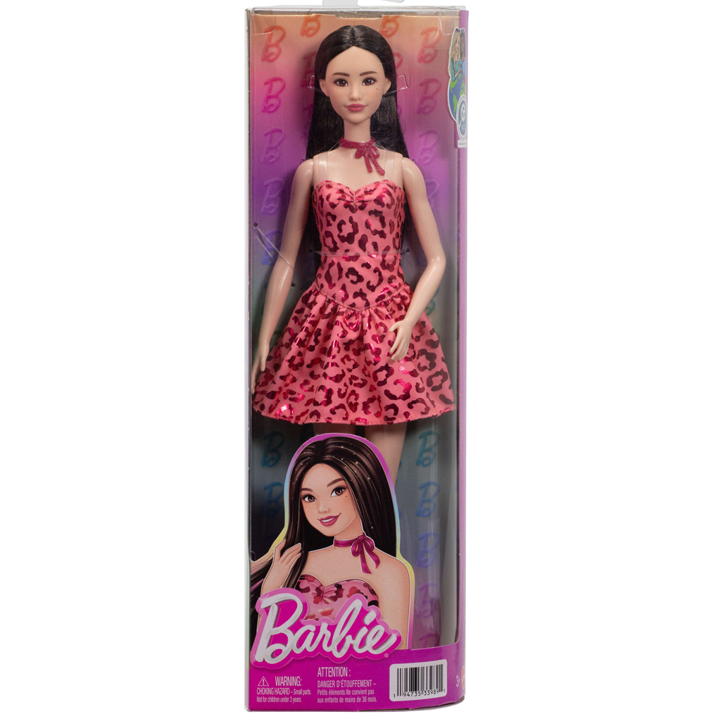 imagen de Barbie: Amigas Fashionista con cabello castaño y muñeca de moda estilosa con vestido de leopardo – Mattel 1