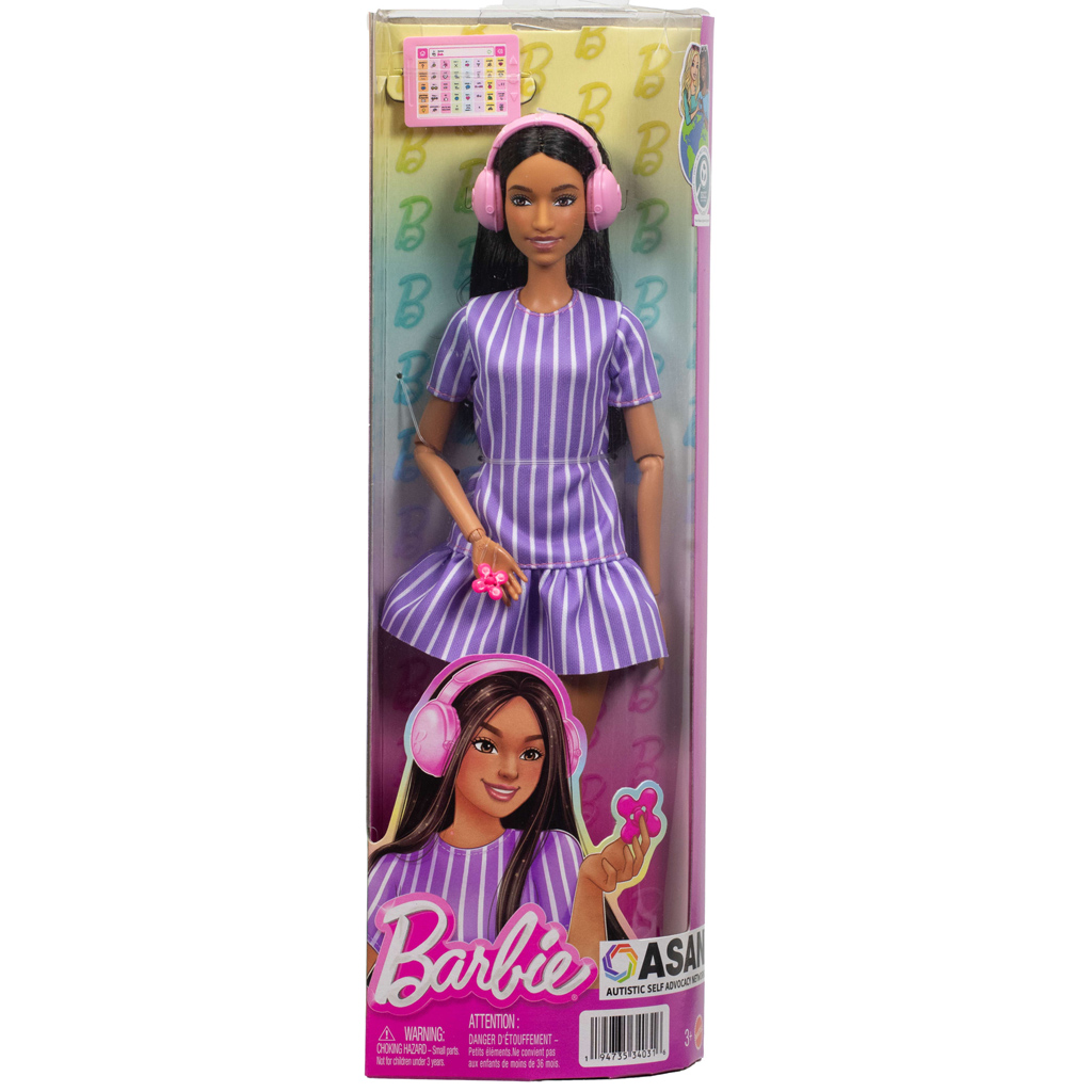 imagen de Barbie: Amigas Fashionista muñeca de moda con auriculares en vestido morado – Mattel 1