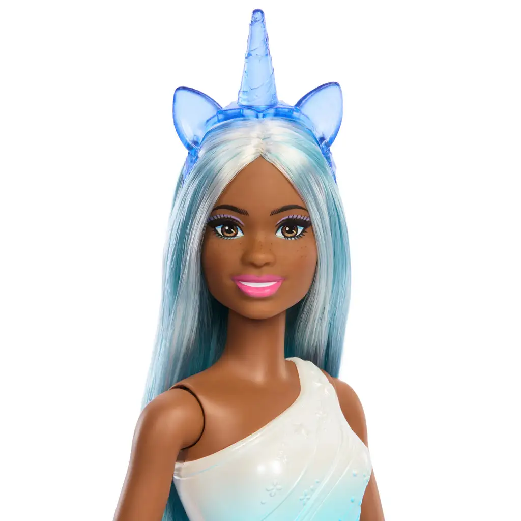 imagen de Barbie Dreamtopia: Muñeca unicornio con vestido azul y arcoíris - Mattel 3