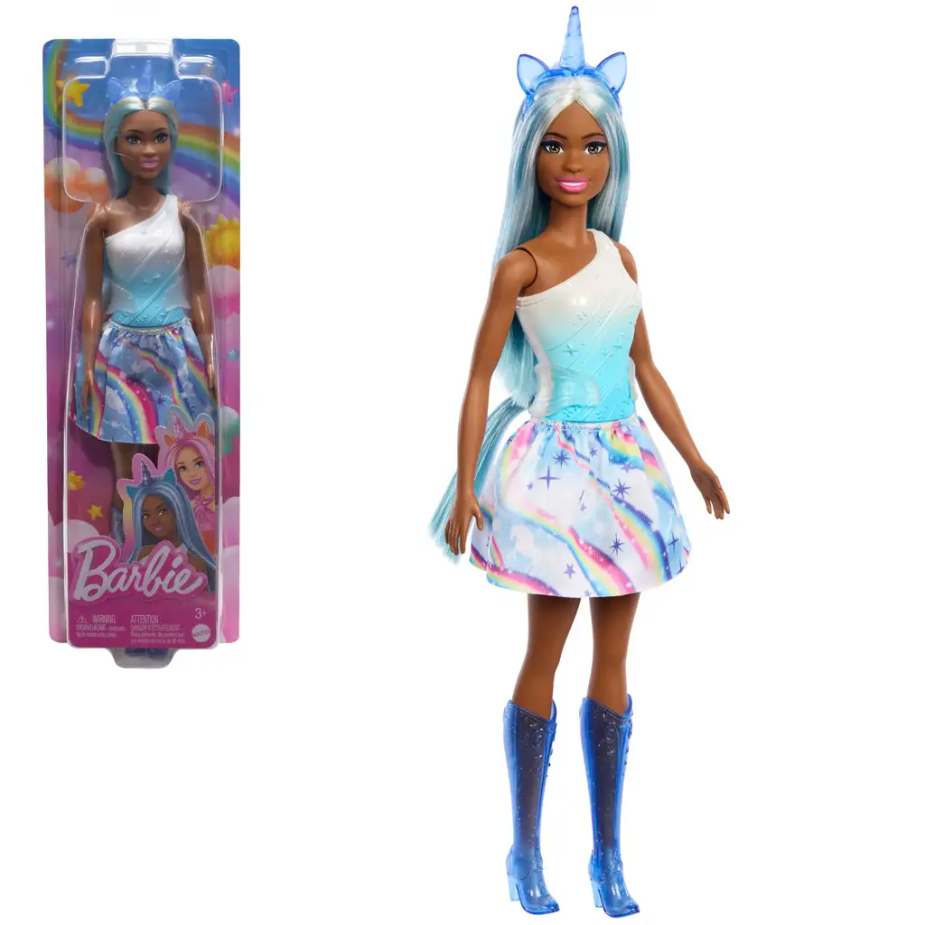 imagen de Barbie Dreamtopia: Muñeca unicornio con vestido azul y arcoíris - Mattel 1