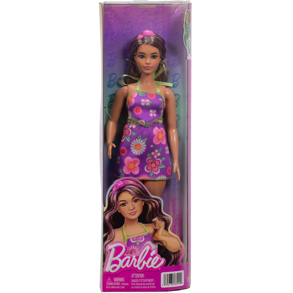 imagen de Barbie: Muñeca de moda amigas Fashionista con vestido de flores y mechones morados – Mattel 1