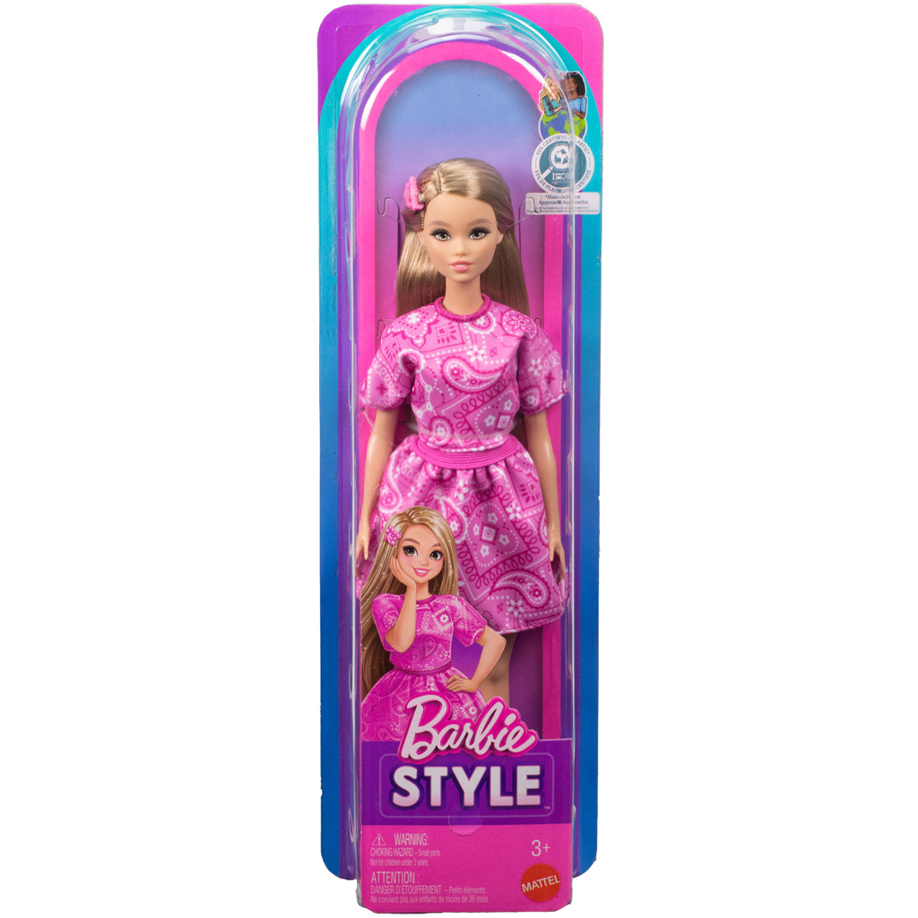 imagen de Barbie: Muñeca de moda Fashionista con amigas en vestido rosa con estampado de pañuelo - Mattel 1