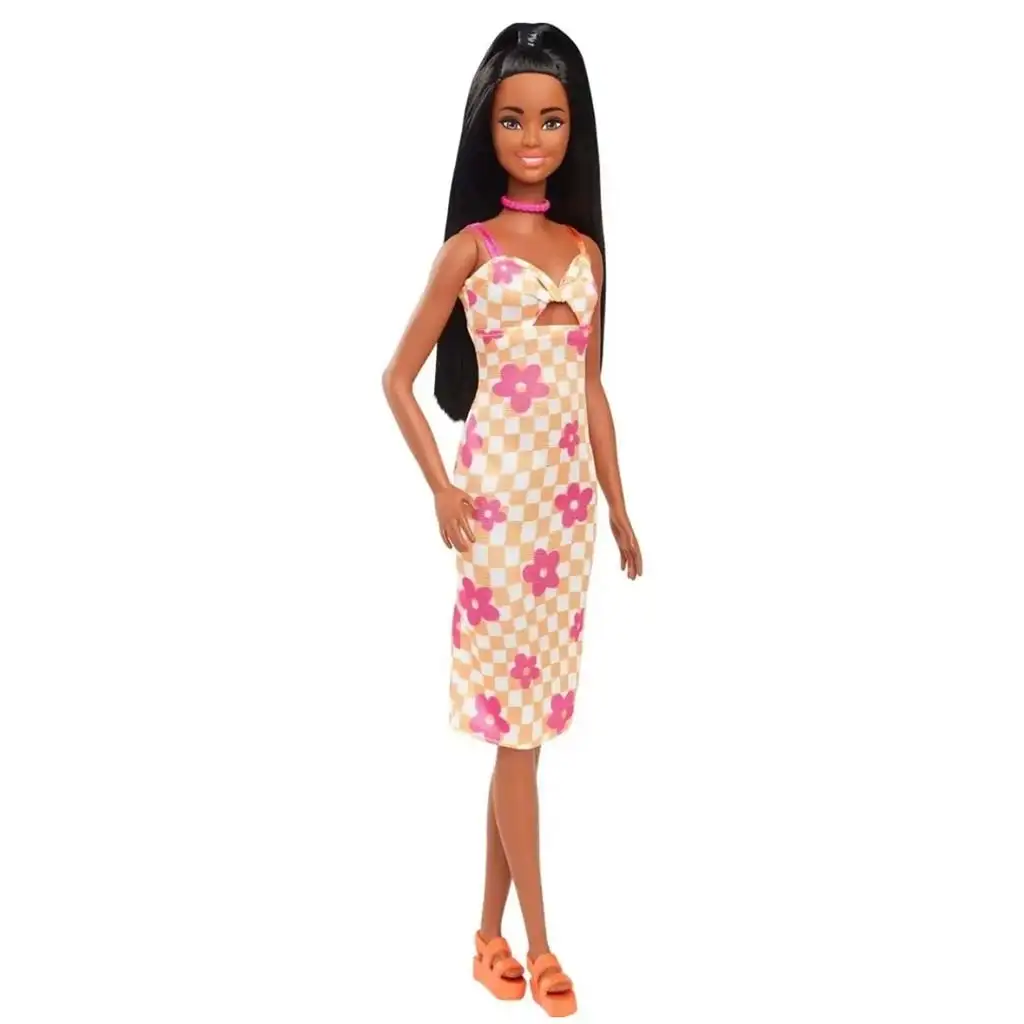 imagen de Barbie: Muñeca Fashionista estilosa con vestido a cuadros y estampado floral - Mattel 2