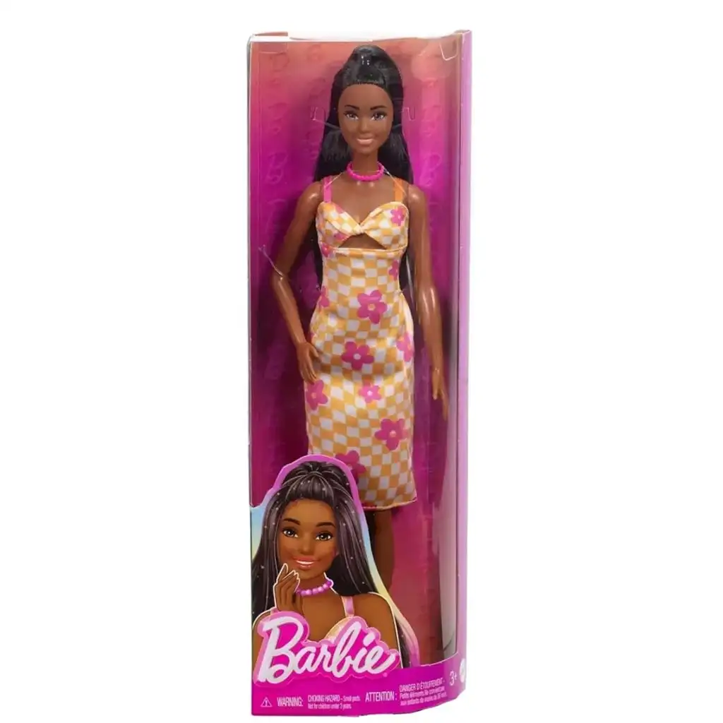 imagen de Barbie: Muñeca Fashionista estilosa con vestido a cuadros y estampado floral - Mattel 1