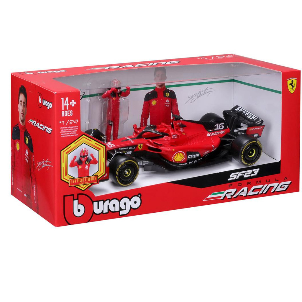 imagen de Bburago: Ferrari SF23 F1 coche de carreras modelo de metal con piloto 1/24 (Charles Leclerc #16) 1