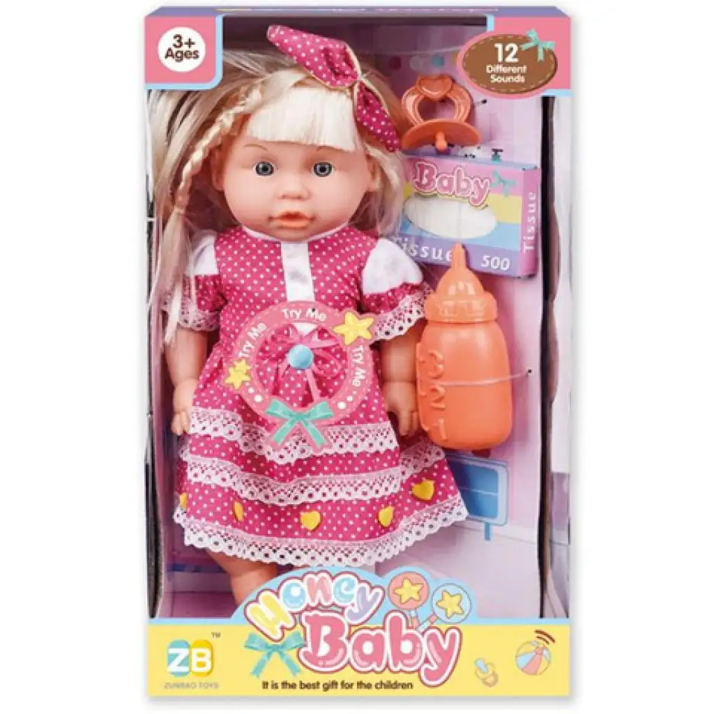 imagen de Bebé con vestido de lunares y accesorios con sonido 1