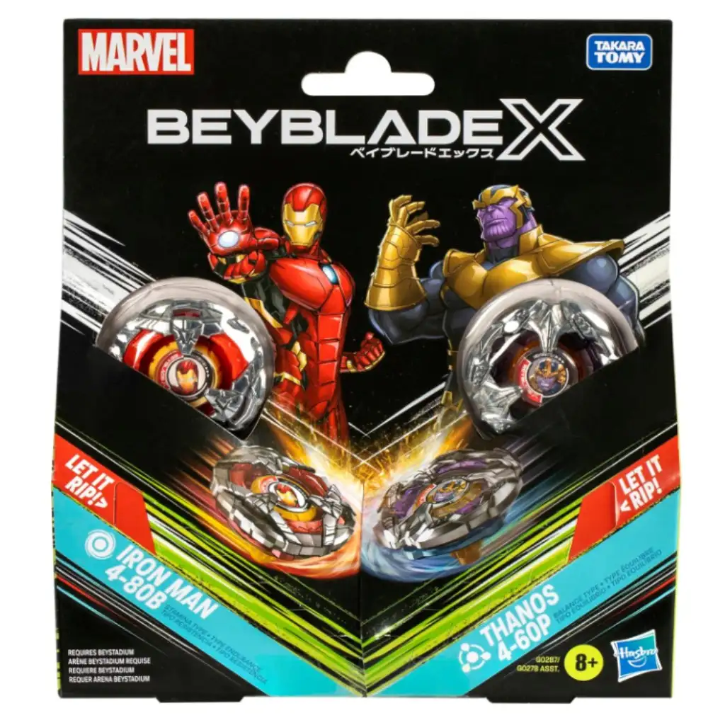 imagen de Beyblade X Marvel Collab: Iron Man vs. Thanos 4-80B X Venom 4-60B juego de set - Hasbro 1