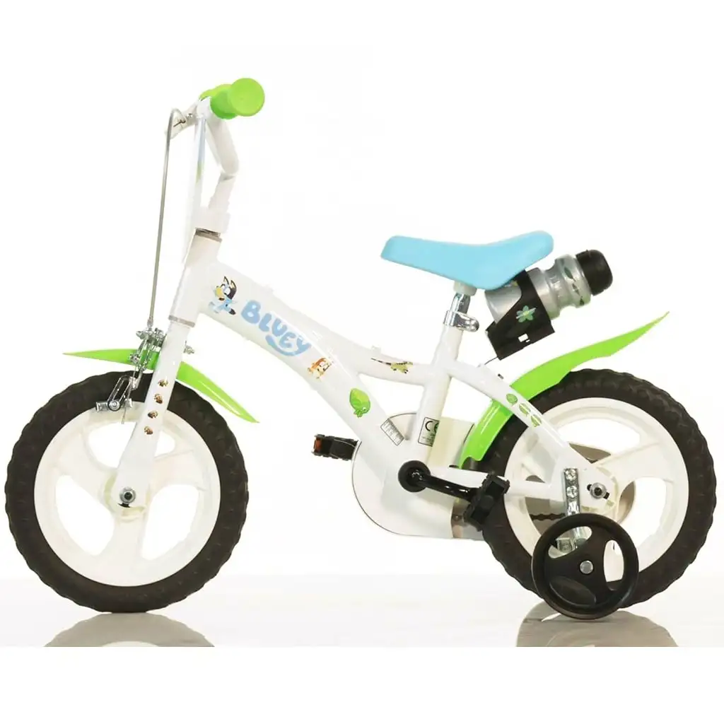 imagen de Bicicleta infantil Bluey de 12” con portabotellas y ruedas laterales en color blanco-azul-verde – bicicleta Dino Bikes 2