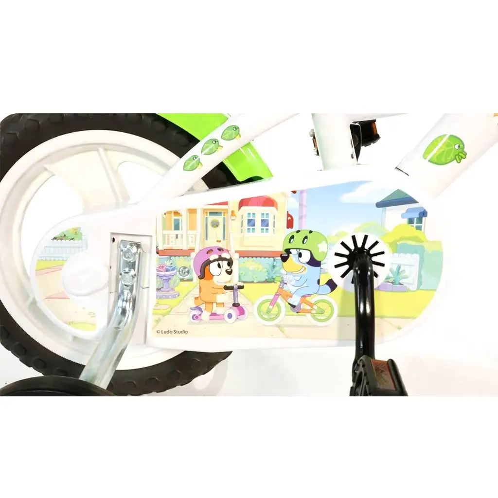 imagen de Bicicleta infantil Bluey de 12” con portabotellas y ruedas laterales en color blanco-azul-verde – bicicleta Dino Bikes 4