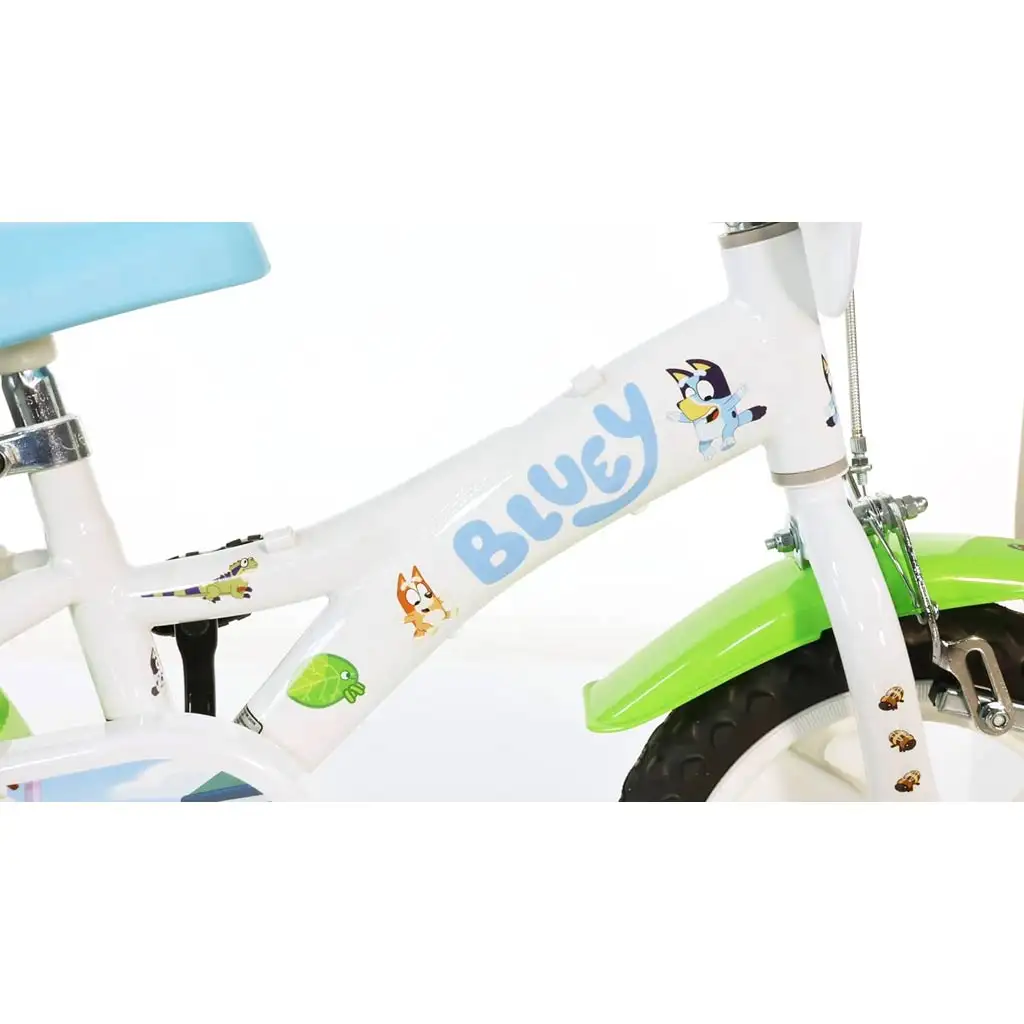 imagen de Bicicleta infantil Bluey de 12” con portabotellas y ruedas laterales en color blanco-azul-verde – bicicleta Dino Bikes 5