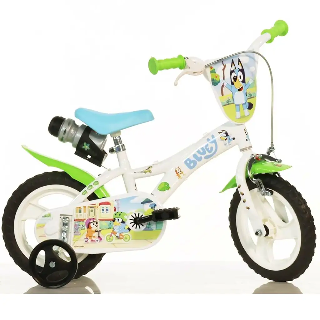 imagen de Bicicleta infantil Bluey de 12” con portabotellas y ruedas laterales en color blanco-azul-verde – bicicleta Dino Bikes 1