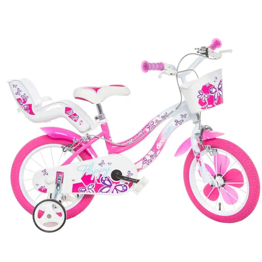 imagen de Bicicleta infantil Flappy de 16” con cesta y asiento para muñeca en color rosa-blanco – bicicleta Dino Bikes 1