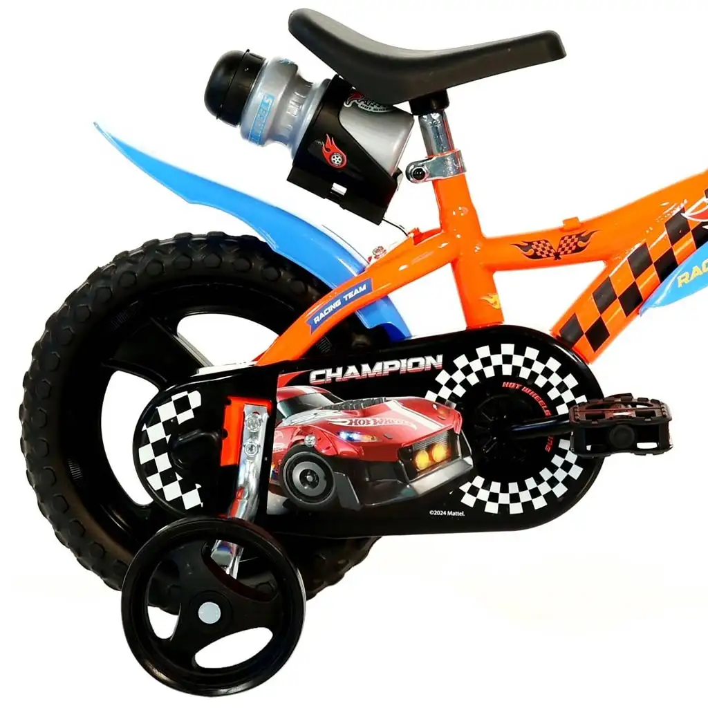 imagen de Bicicleta infantil Hot Wheels de 12” con portabotellas y ruedas laterales en color naranja-negro – bicicleta Dino Bikes 2