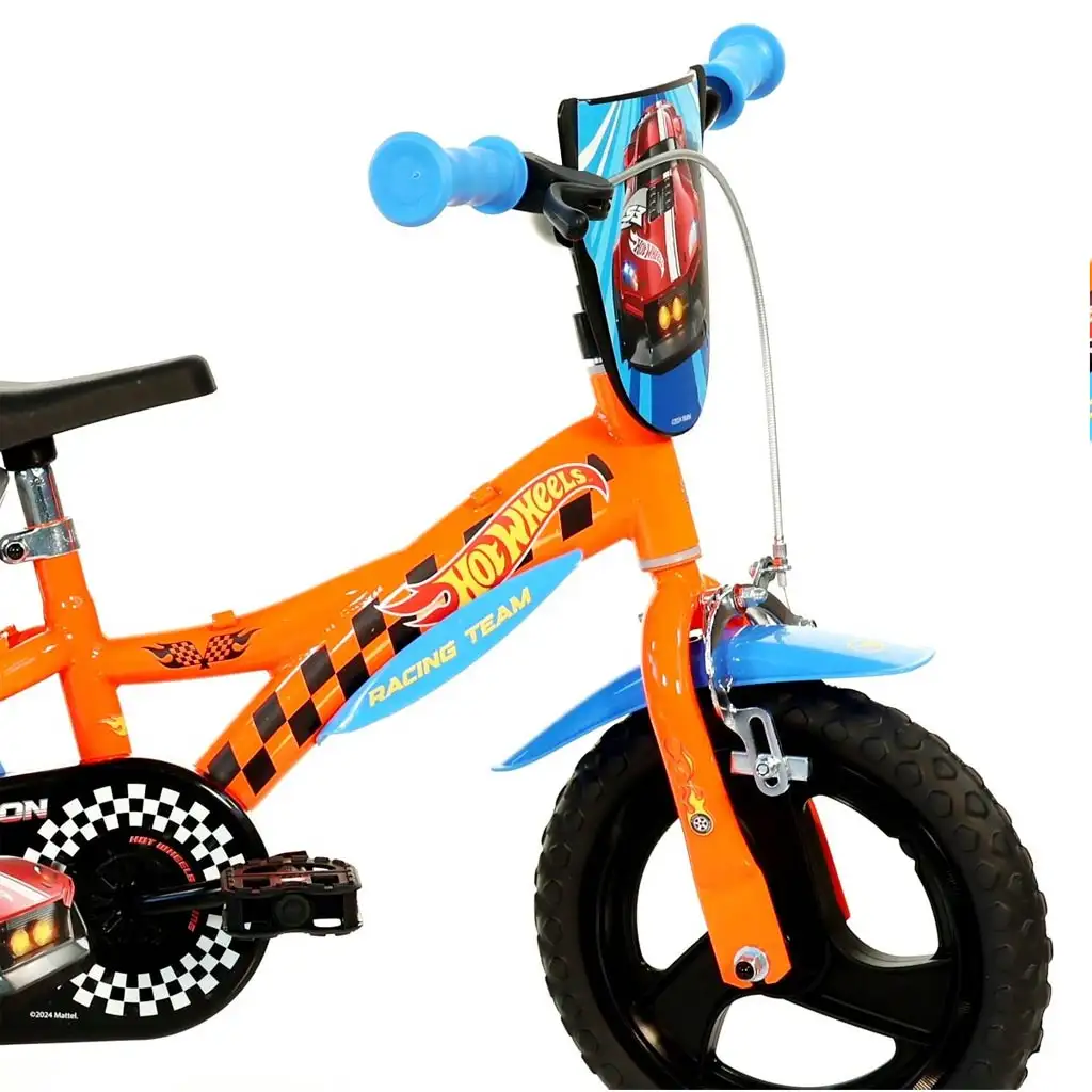 imagen de Bicicleta infantil Hot Wheels de 12” con portabotellas y ruedas laterales en color naranja-negro – bicicleta Dino Bikes 3