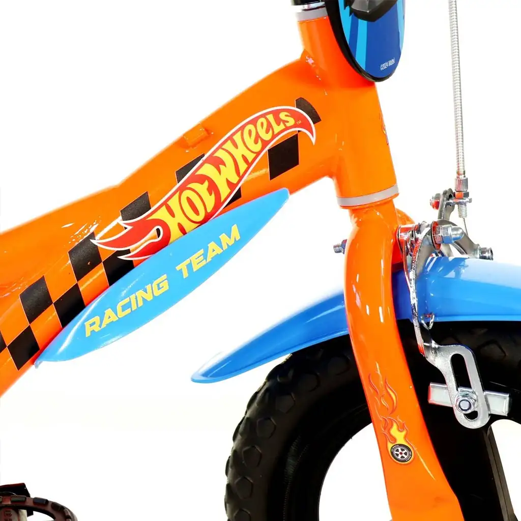 imagen de Bicicleta infantil Hot Wheels de 12” con portabotellas y ruedas laterales en color naranja-negro – bicicleta Dino Bikes 4