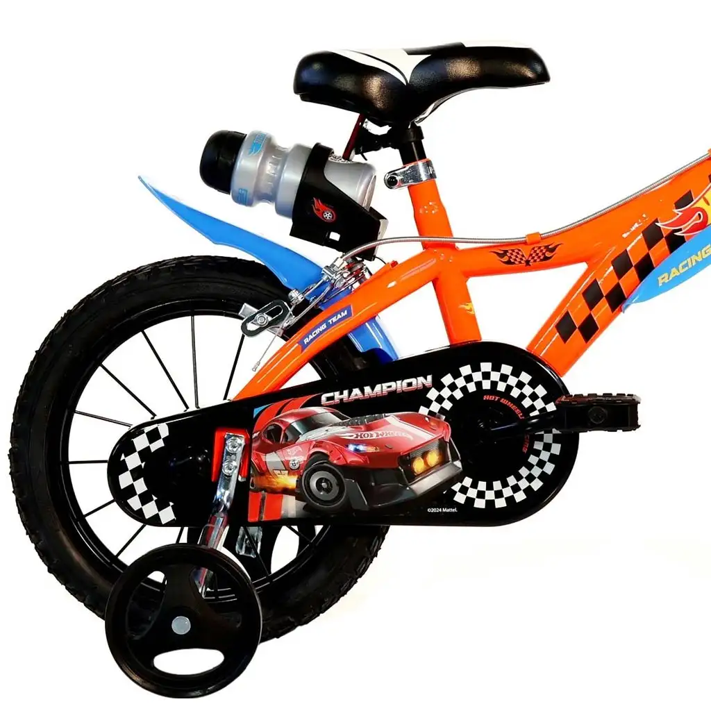 imagen de Bicicleta infantil Hot Wheels de 14” con portabotellas y ruedas laterales en color naranja-negro – bicicleta Dino Bikes 2