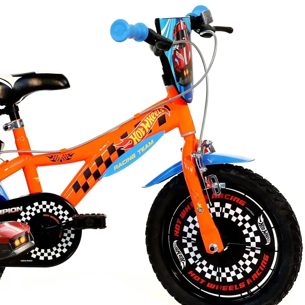 imagen de Bicicleta infantil Hot Wheels de 14” con portabotellas y ruedas laterales en color naranja-negro – bicicleta Dino Bikes 3