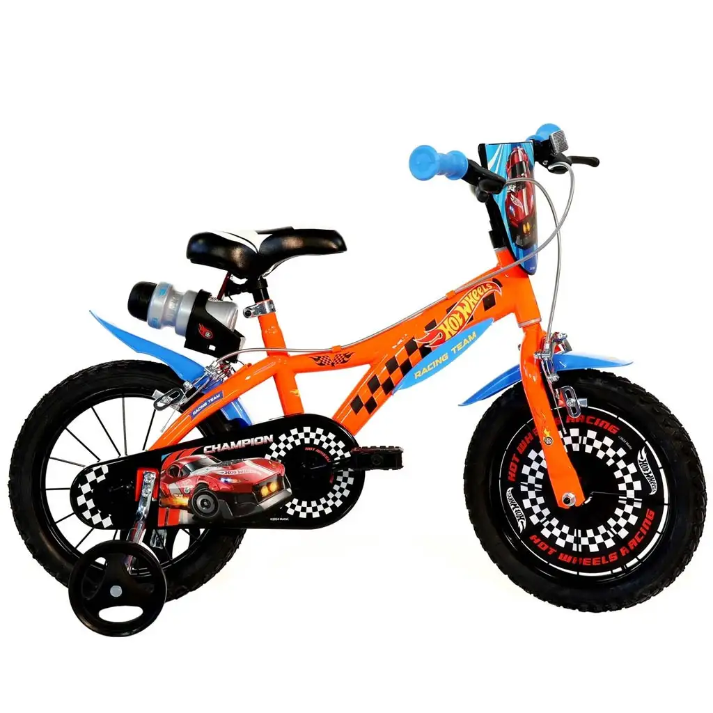 imagen de Bicicleta infantil Hot Wheels de 14” con portabotellas y ruedas laterales en color naranja-negro – bicicleta Dino Bikes 1
