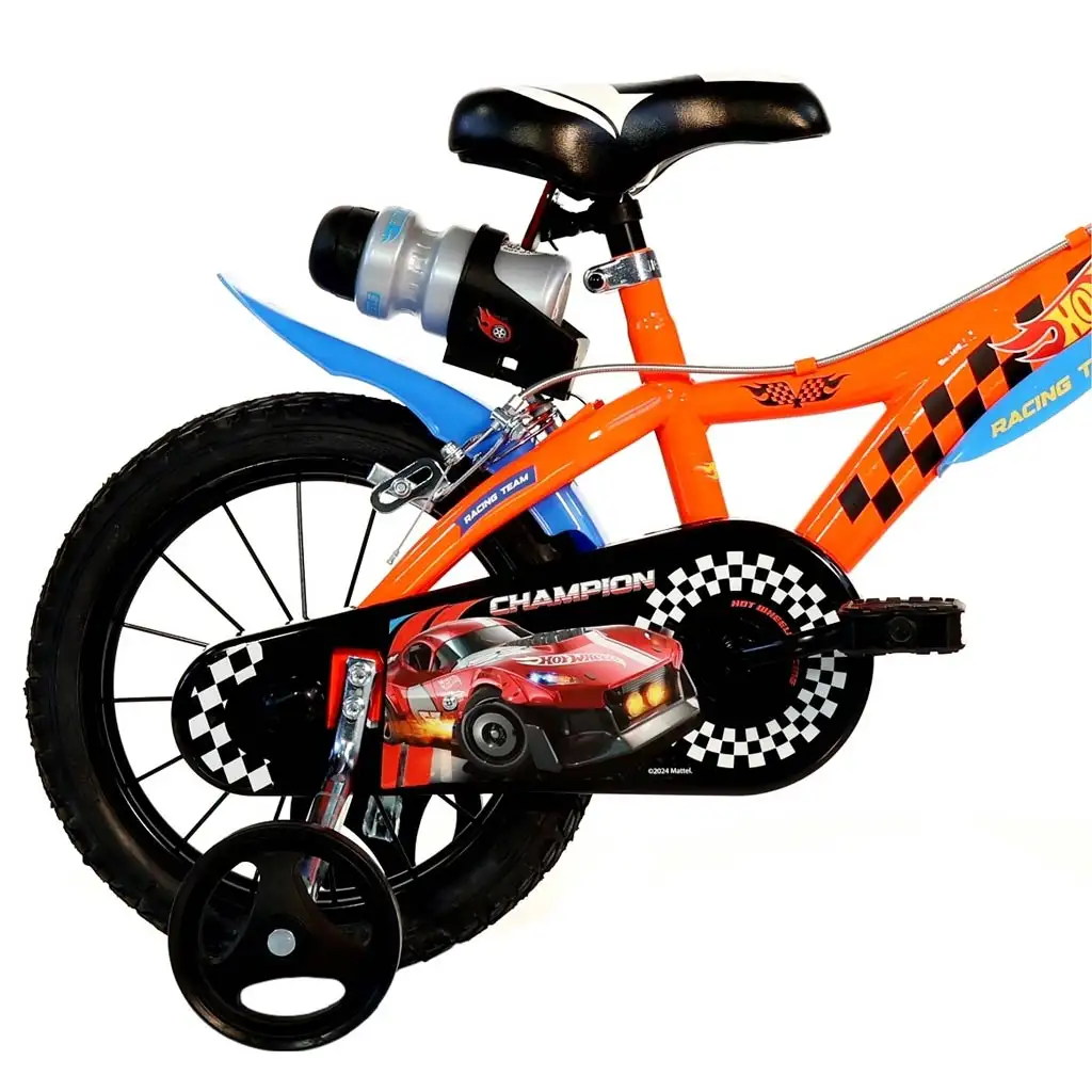 imagen de Bicicleta infantil Hot Wheels de 16” con portabotellas y ruedas laterales en color naranja-negro – bicicleta Dino Bikes 2