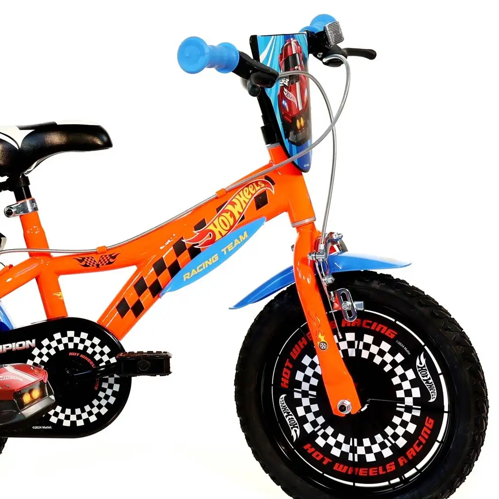 imagen de Bicicleta infantil Hot Wheels de 16” con portabotellas y ruedas laterales en color naranja-negro – bicicleta Dino Bikes 3