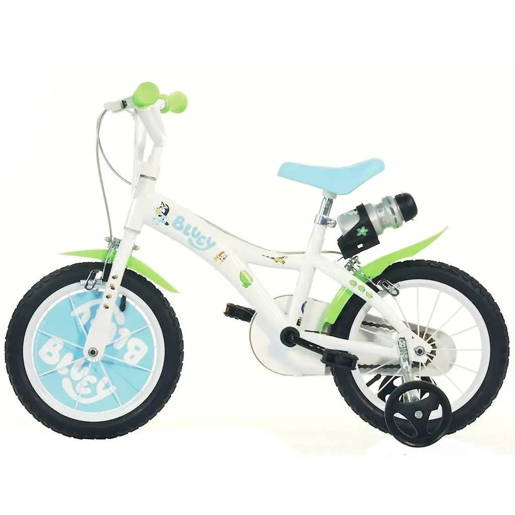 imagen de Bluey 14” bicicleta infantil con portabotellas y ruedas laterales en color blanco-azul-verde – Dino Bikes bicicleta 2