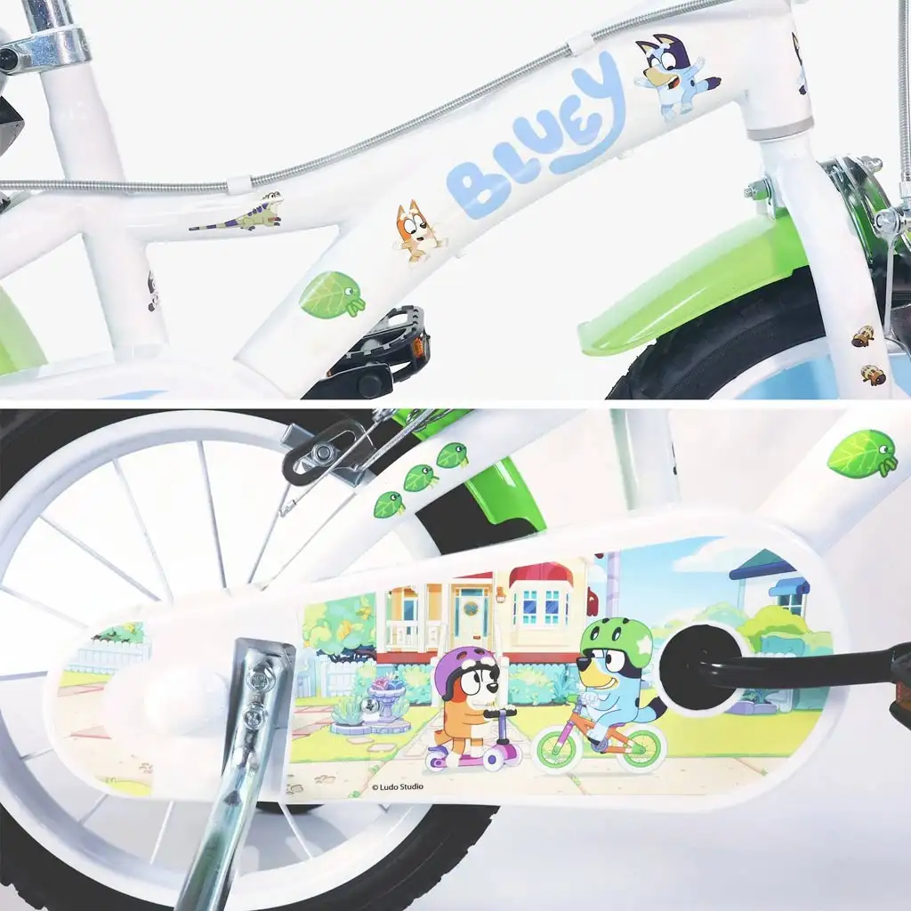 imagen de Bluey 14” bicicleta infantil con portabotellas y ruedas laterales en color blanco-azul-verde – Dino Bikes bicicleta 3
