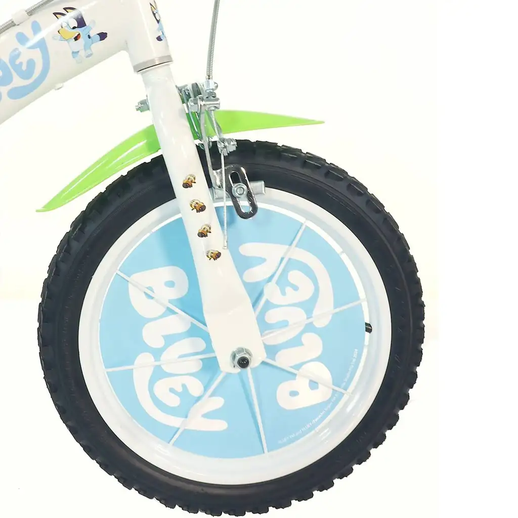imagen de Bluey 14” bicicleta infantil con portabotellas y ruedas laterales en color blanco-azul-verde – Dino Bikes bicicleta 4
