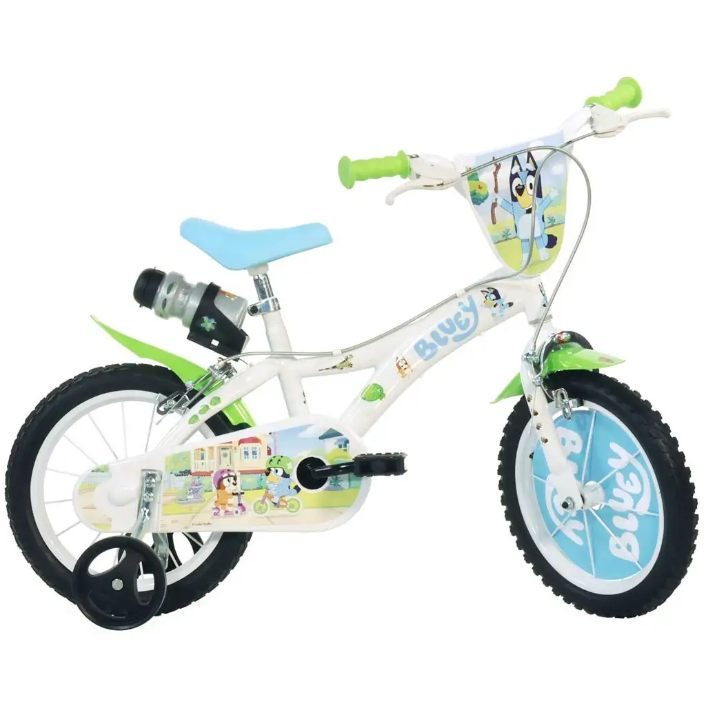 imagen de Bluey 14” bicicleta infantil con portabotellas y ruedas laterales en color blanco-azul-verde – Dino Bikes bicicleta 1