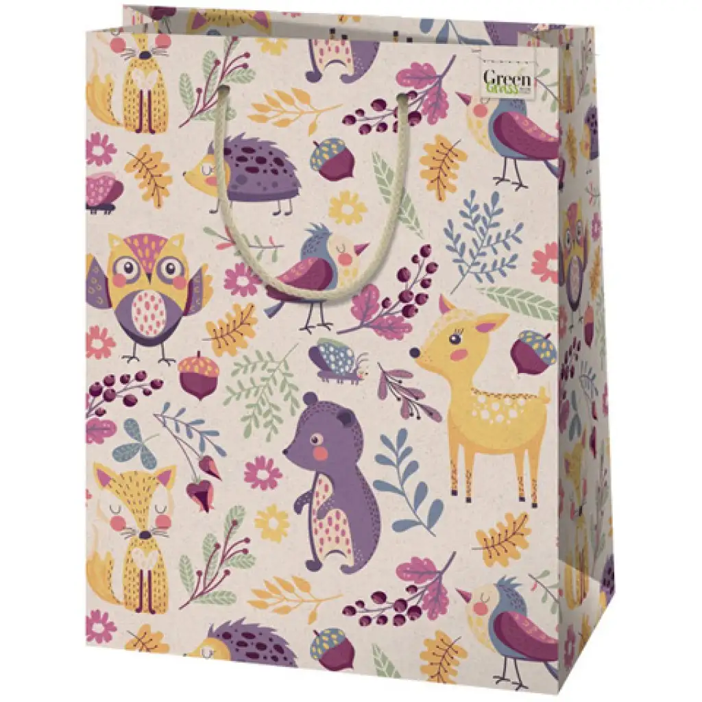 imagen de Bolsa de regalo exclusiva de tamaño gigante de animales del bosque Green Grass 33x15x44cm 1