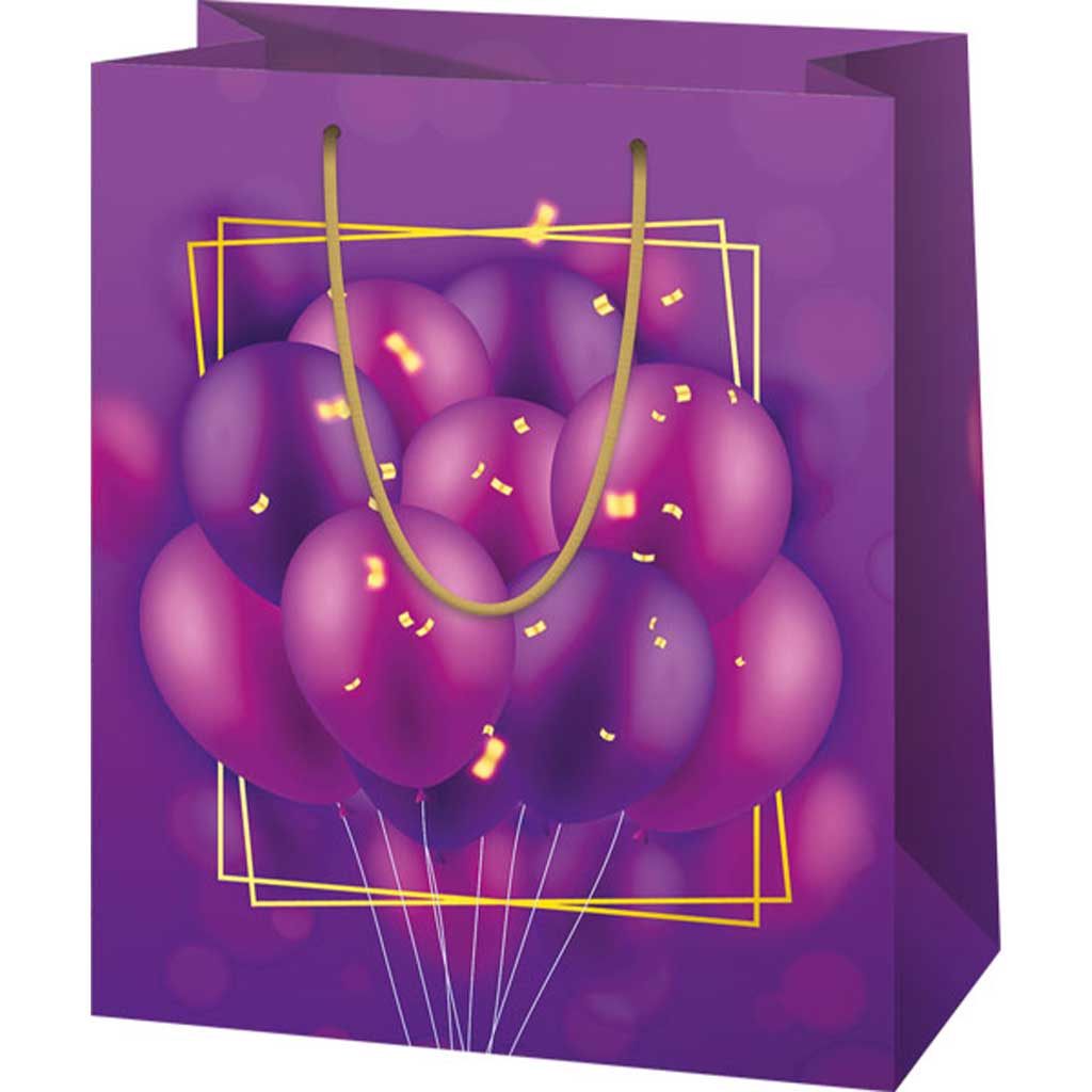 imagen de Bolsa de regalo exclusiva de tamaño mediano con estampado de globos morados 18x23x10cm 1
