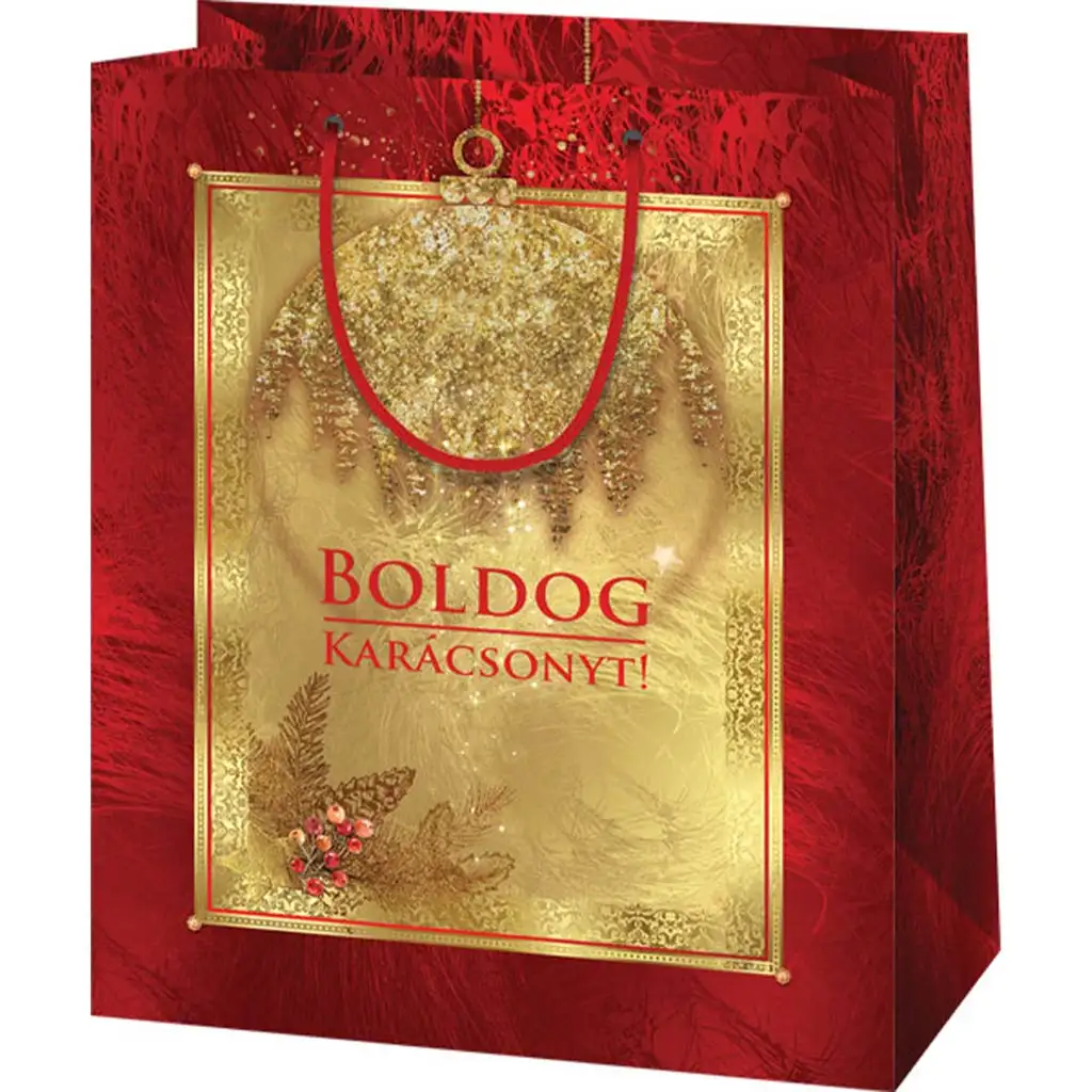 imagen de Bolsa de regalo exclusiva mediana con la inscripción Feliz Navidad en color dorado-rojo 18x10x23cm 1