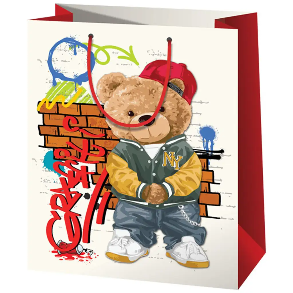 imagen de Bolsa de regalo grande con oso de gorra 27x14x33cm 1