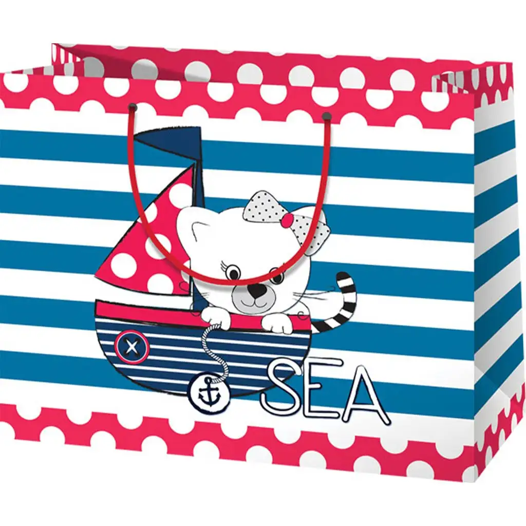 imagen de Bolsa de regalo grande con un gato en un velero 27x14x33cm 1