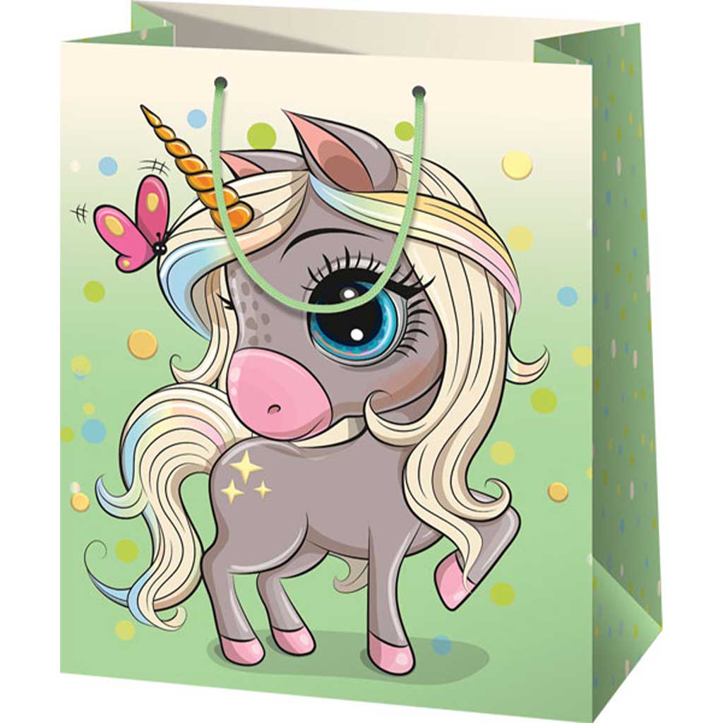 imagen de Bolsa de regalo grande exclusiva verde con estampado de unicornio 26x13x33cm 1