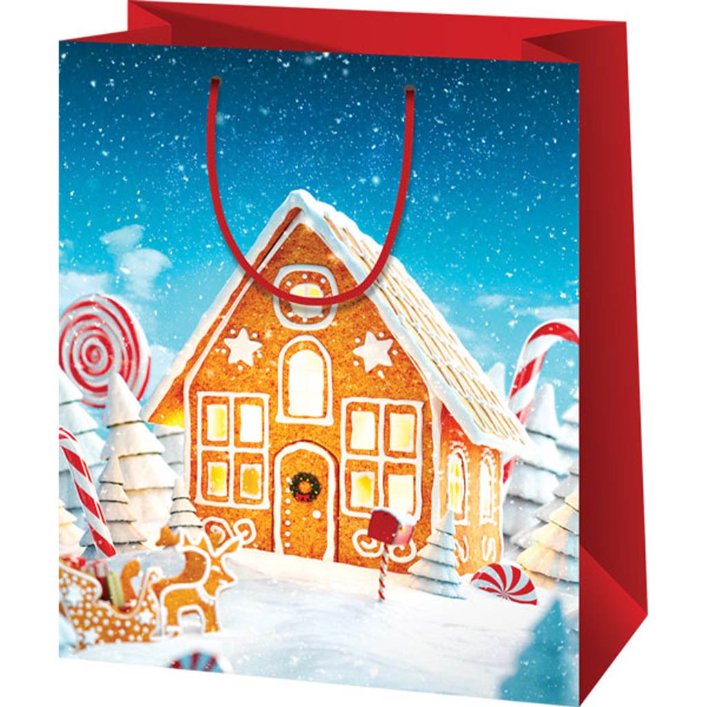 imagen de Bolsa de regalo mediana con diseño de casa de jengibre 18x10x23cm 1