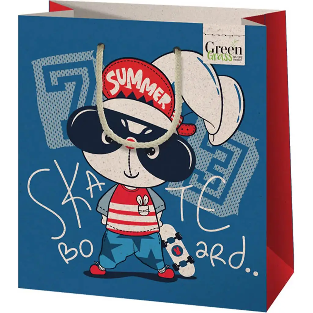 imagen de Bolsa de regalo mediana con diseño de conejo patinador Green Grass 18x10x23cm 1