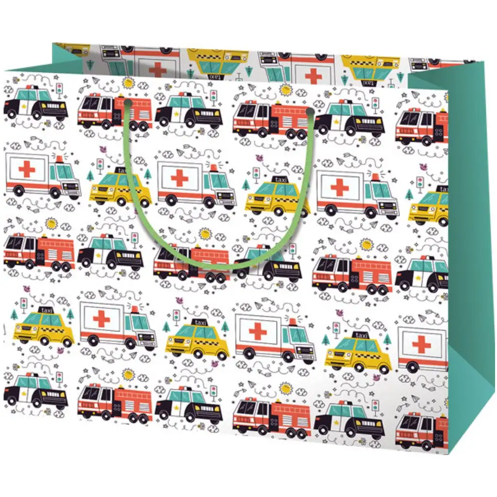 imagen de Bolsa de regalo mediana con estampado de ambulancia, policía y bombero 23x10x17,8cm 1