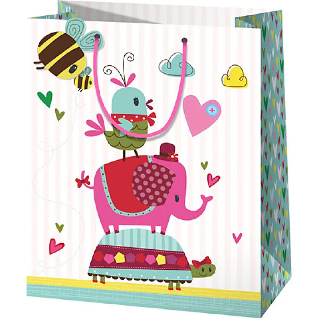 imagen de Bolsa de regalo mediana de elefantes rosas 18x10x23cm 1