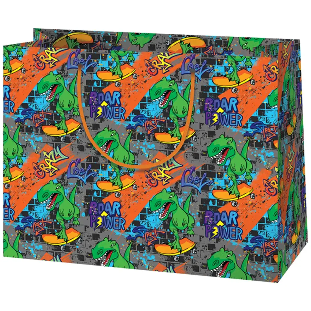 imagen de Bolsa de regalo mediana T-Rex patinador 18x10x23cm 1