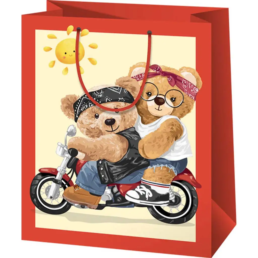 imagen de Bolsa de regalo normal tamaño con diseño de ositos moteros 11x6x14cm 1