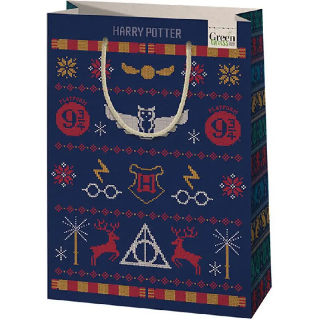 imagen de Bolsa de regalo premium grande con diseños navideños de Harry Potter Green Grass 26x14x33cm 1
